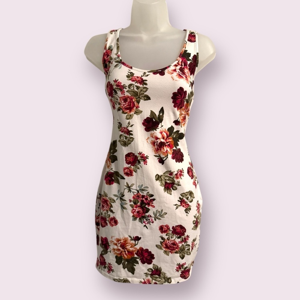 Fashion Nova Floral Bodycon Mini Dress Ivory Pink Sleeveless Size L
